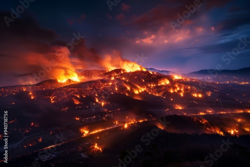 A radiant scorching scene in a catastrophic fire, with widespread flames and alarming intensity.