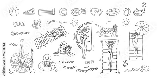 Large set with girls in swimsuits and girls floats on an air mattress. Summer time theme elements. Travel design. Adventure. Hand drawn. Doodle style. Great for banner, professional design