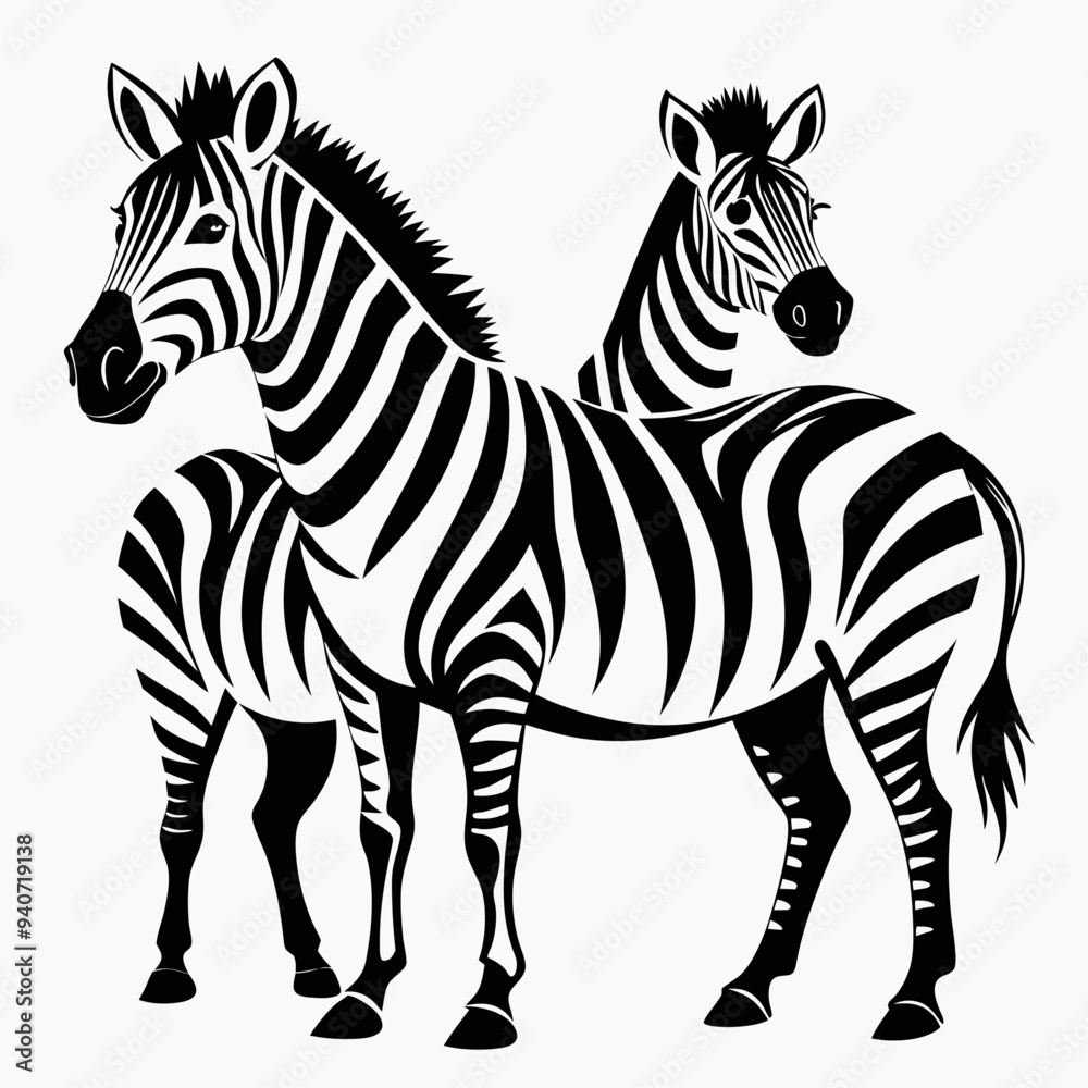 Fototapeta premium Two Zebras Standing Side-by-Side in Black and White Silhouette