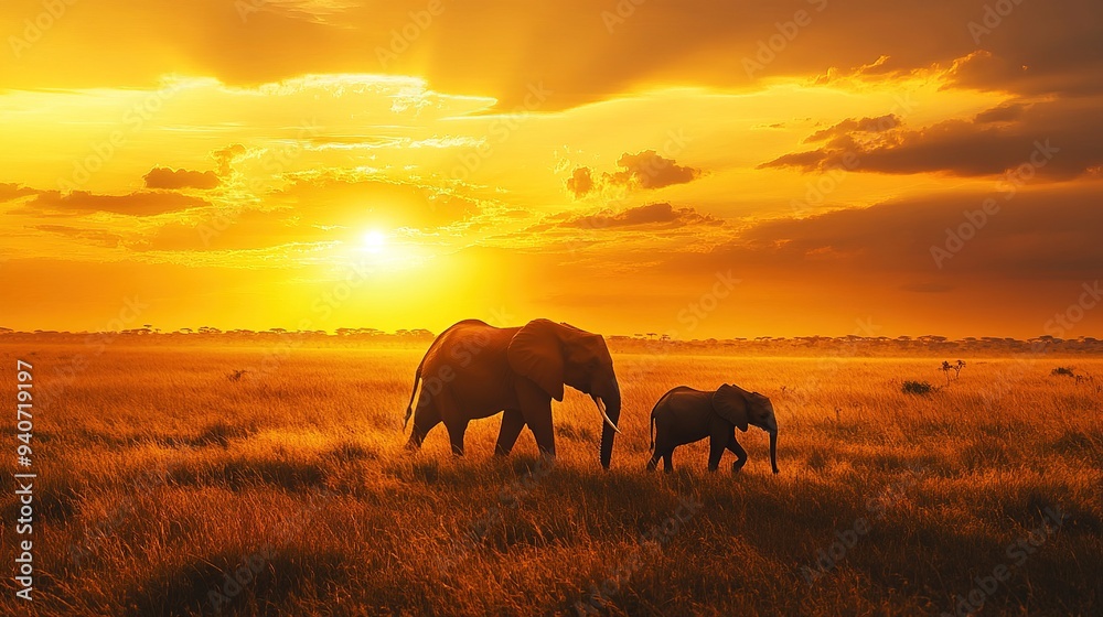 Fototapeta premium Elephants walking through the savannah at sunset