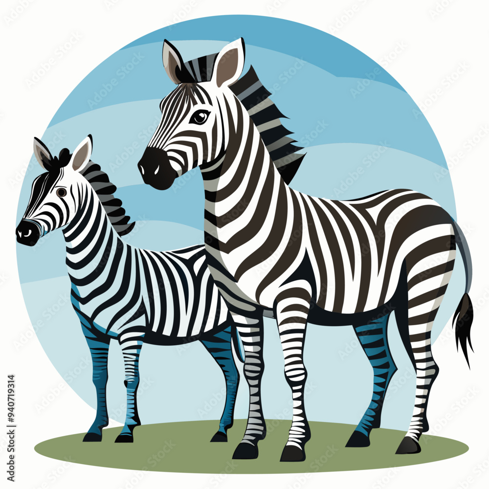 Fototapeta premium Two Zebras Standing on Grass with Blue Sky Background