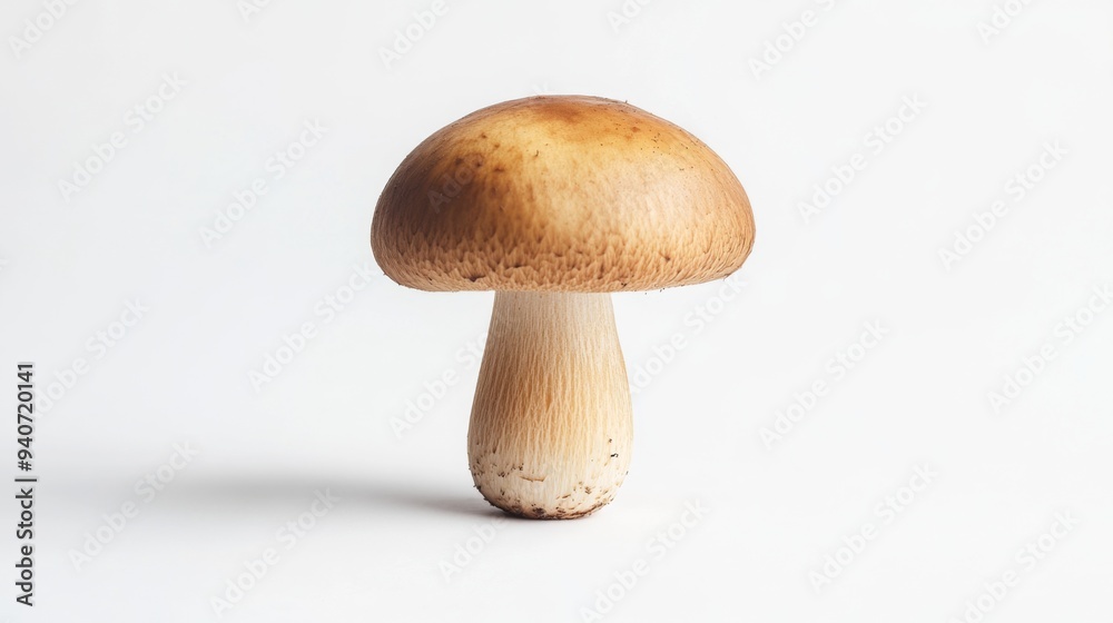 A clean shot of a single mushroom with a focus on its stem and cap, placed centrally on a white background to emphasize its shape and texture.