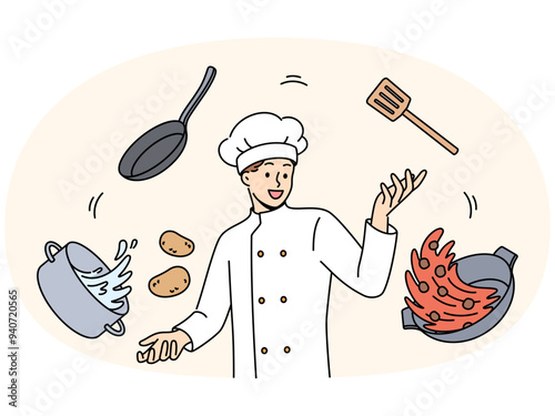 Man cook in white uniform and cap stands among flying pots and ingredients for cooking delicious soup. Professional guy cafe cook comes up with recipe for new dish for restaurant menu