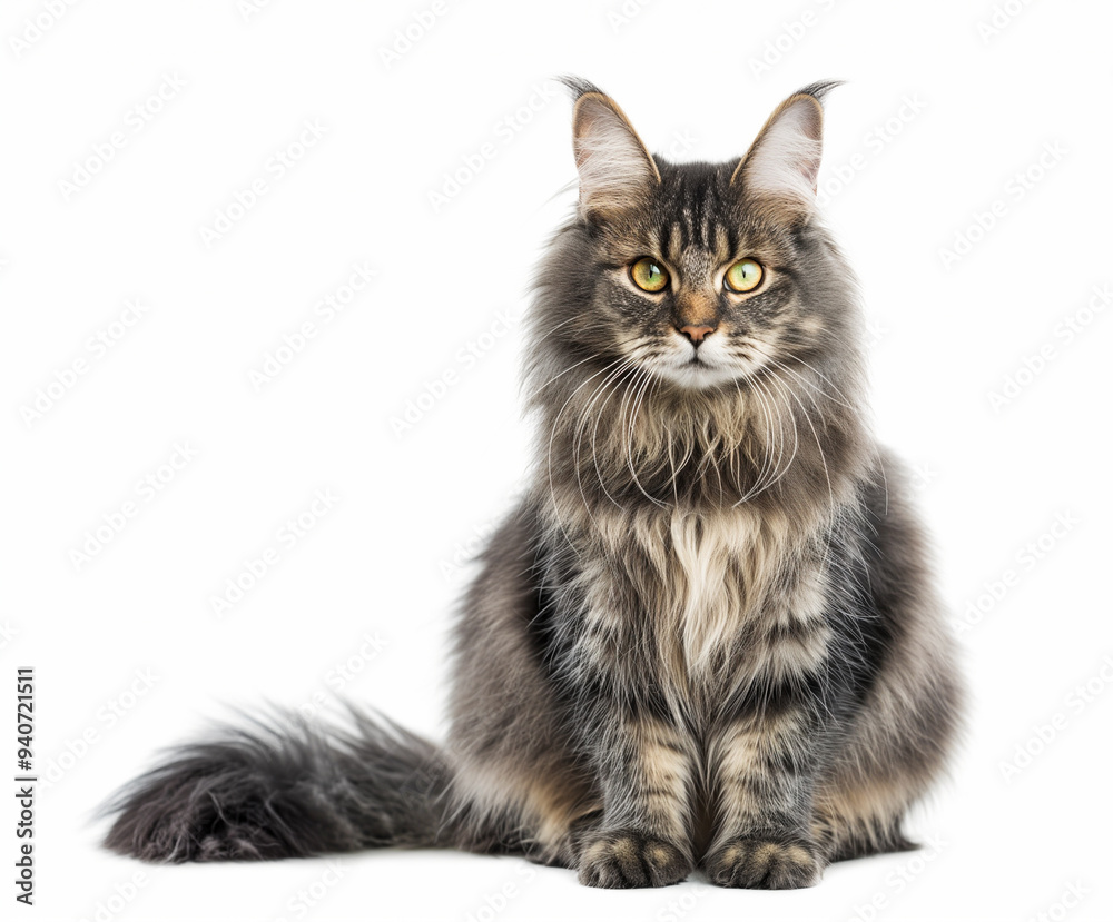 A fluffy silver Maine Coon cat sits on a light background A fluffy silver Maine Coon cat sits on a light background