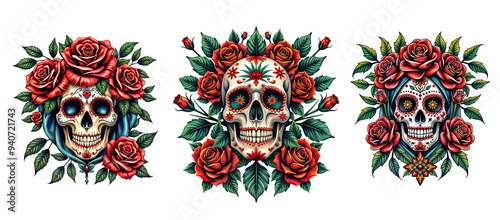 Dia de Muertos celebration with colorful skull and floral elements