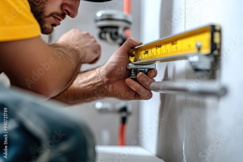 A contractor uses a level to check the alignment of a towel bar. The photo shows the importance of precise measurements for a professional finish. photo