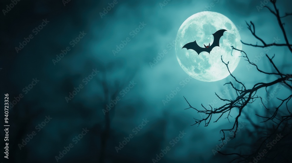 Flying bat with red eyes silhouetted against a bright full moon with bare tree branches in the foreground symbolizing Halloween night and fear Flying bat with red eyes silhouetted against a bright full moon with bare tree branches in the foreground symbolizing Halloween night and fear