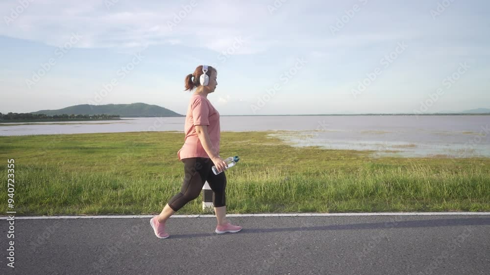 A side view of a middle-aged, overweight Asian woman walking for exercise on a road in the evening, wearing athletic wear and headphones, holding a water bottle, and embracing a healthy lifestyle A side view of a middle-aged, overweight Asian woman walking for exercise on a road in the evening, wearing athletic wear and headphones, holding a water bottle, and embracing a healthy lifestyle
