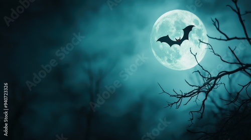 Flying bat with red eyes silhouetted against a bright full moon with bare tree branches in the foreground symbolizing Halloween night and fear