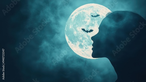 Female profile silhouette against a full moon with flying bats and mist symbolizing the mystery and allure of Halloween night