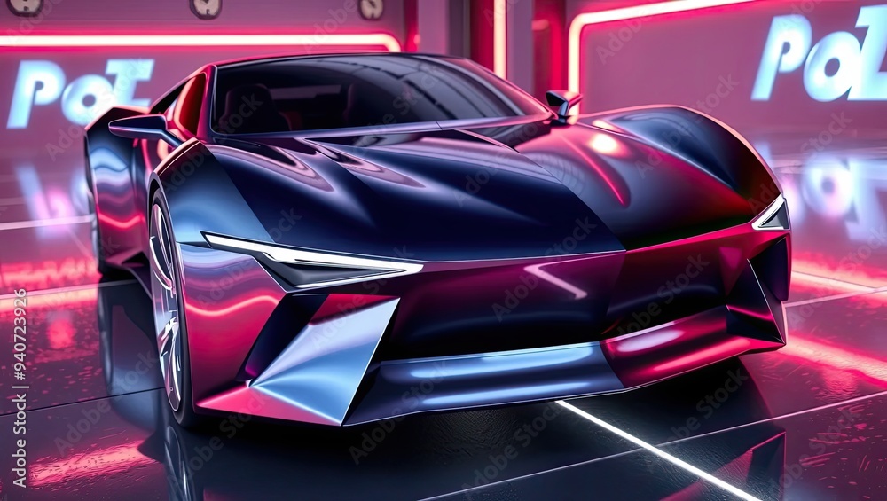 Naklejka premium Futuristic Sports Car in Neon Lights