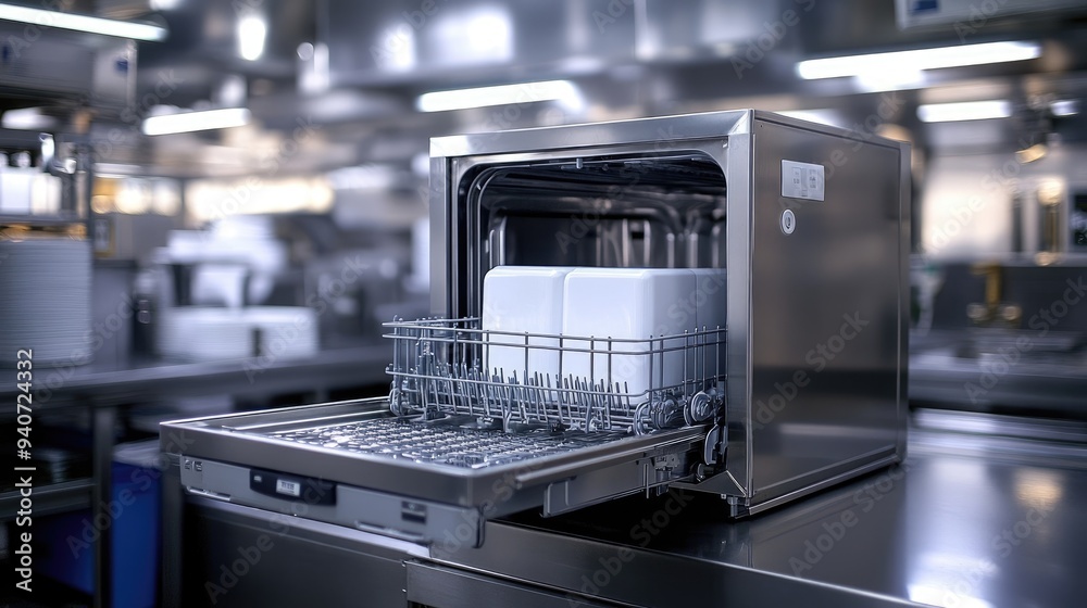A commercial dishwasher with its door open. This image shows the functionality and interior components of a professional kitchen appliance. A commercial dishwasher with its door open. This image shows the functionality and interior components of a professional kitchen appliance.