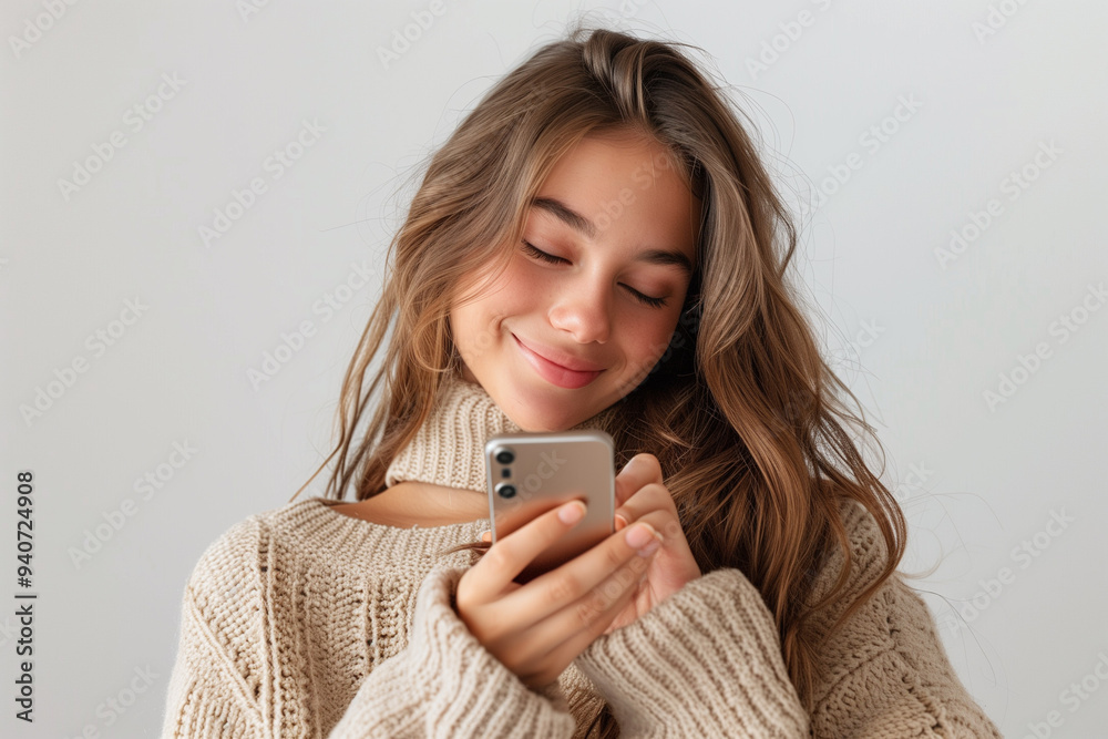 Charming young girl teenager with long hair and a soft smile, looking at her phone. Ideal for lifestyle, technology, and social media themes,