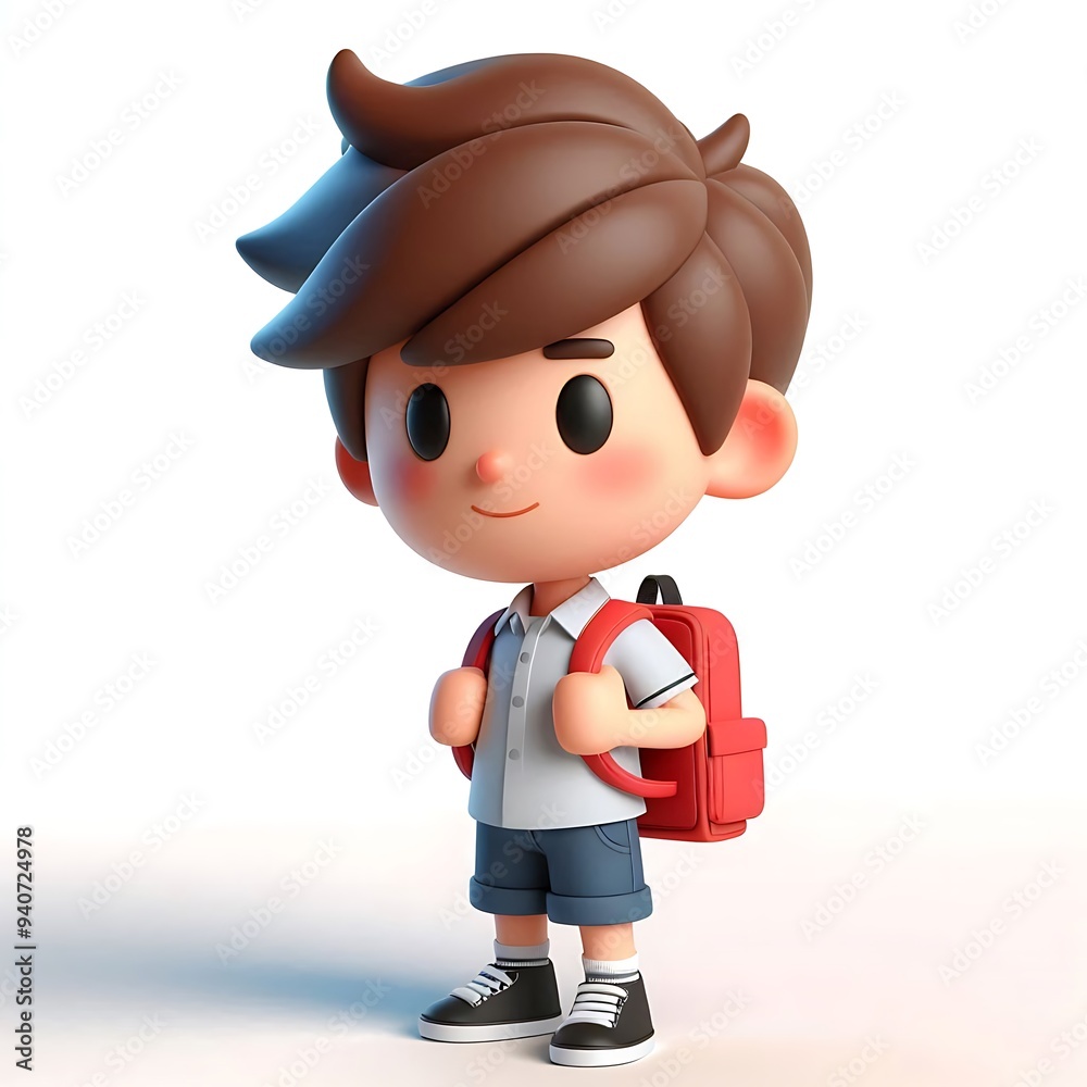 A 3D cartoon character of a schoolboy against a white background with a curious or excited expression A 3D cartoon character of a schoolboy against a white background with a curious or excited expression