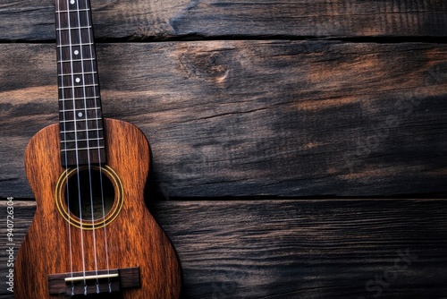 Close up of ukulele on old wooden background, Dark tone , ai