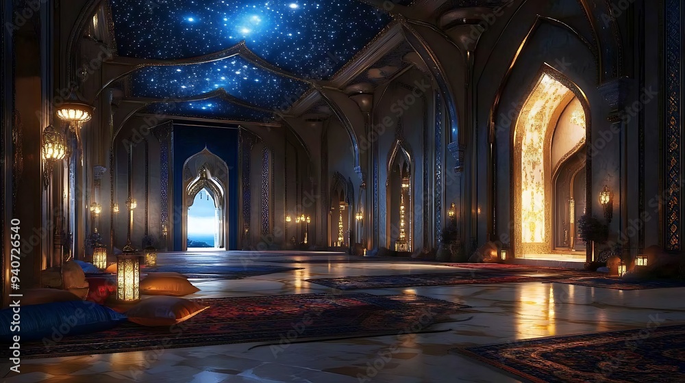 Mystical Royal Palace Interior with Flying Carpets and Starry Night Ceilings