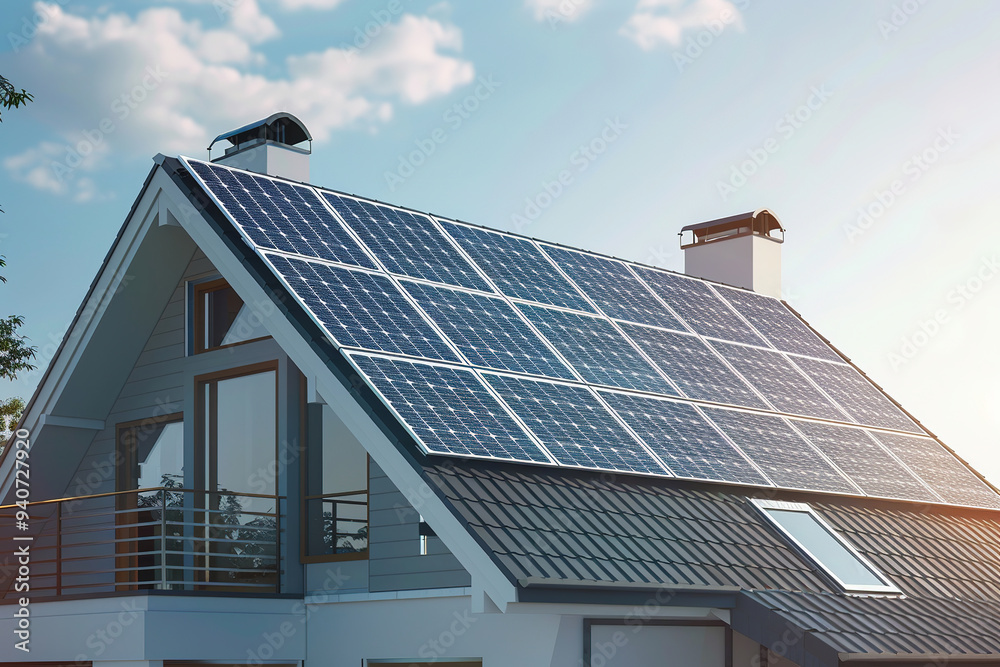Fototapeta premium Modern house with solar panels covering the roof under a clear blue sky, featuring large windows and a balcony, showcasing eco-friendly and sustainable energy technology
