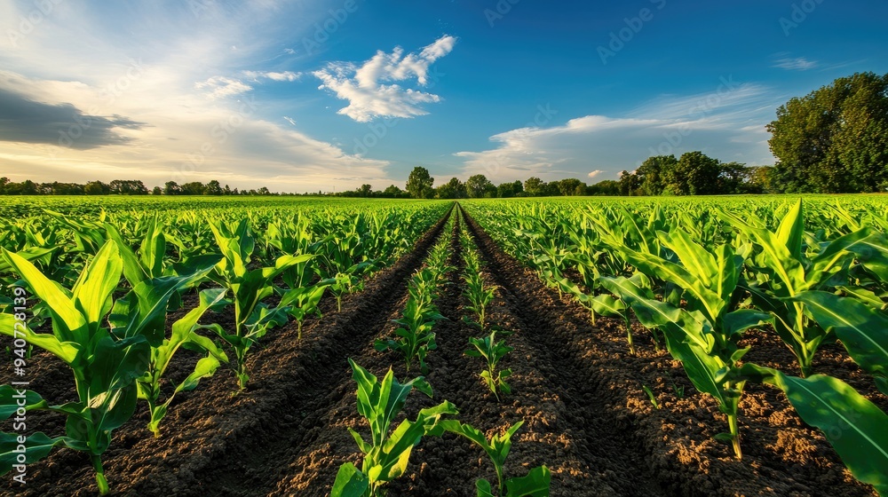 Fototapeta premium Rows of corn growing in a field. This photo can be used for agricultural, farming, or food-related projects.