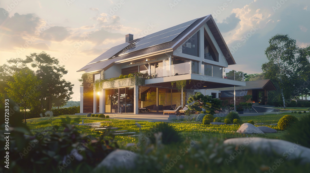 Modern house with large windows and solar panels on the roof, set in a beautifully landscaped garden, bathed in warm sunset light and surrounded by lush greenery and treesю Modern house with large windows and solar panels on the roof, set in a beautifully landscaped garden, bathed in warm sunset light and surrounded by lush greenery and treesю