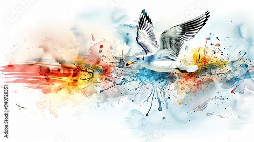 Seagull is flying over an abstract colorful watercolor background