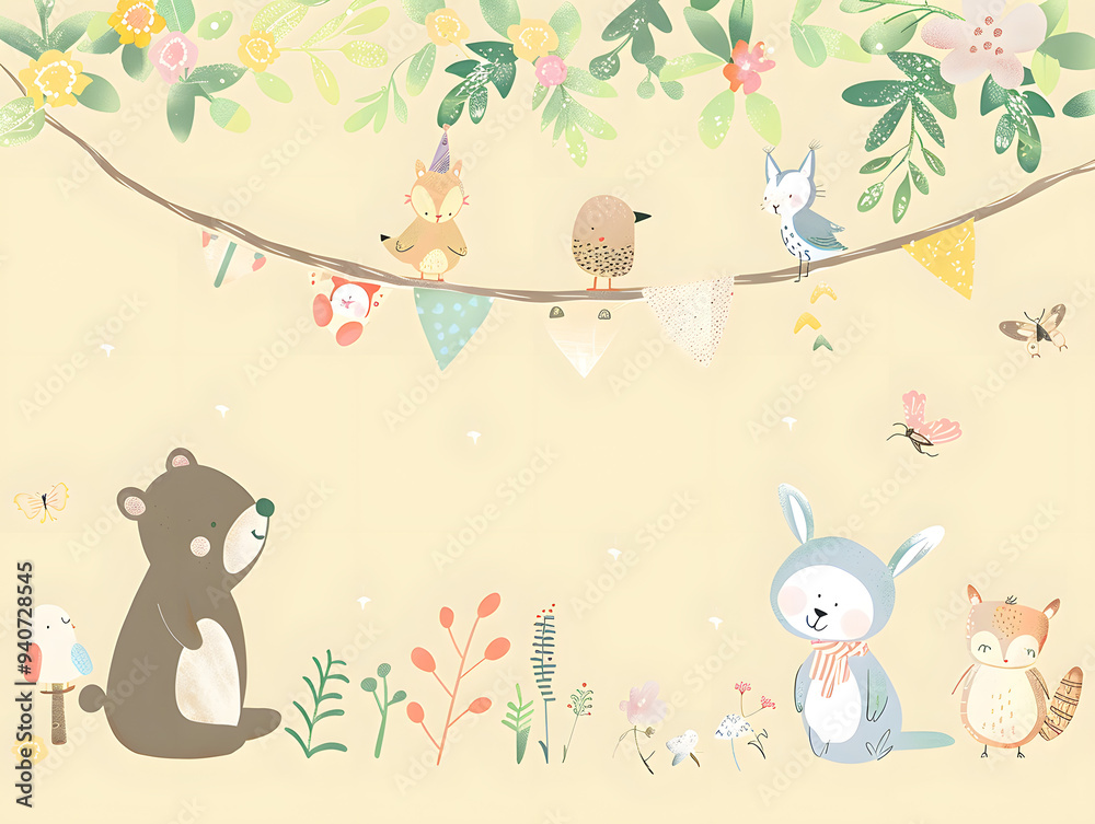 Pink cartoon birds and flowers pattern with cute bears and rabbits for a child's birthday card Pink cartoon birds and flowers pattern with cute bears and rabbits for a child's birthday card