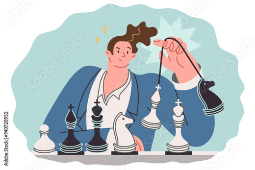 Man strategist plays chess planning political advertising campaign before elections