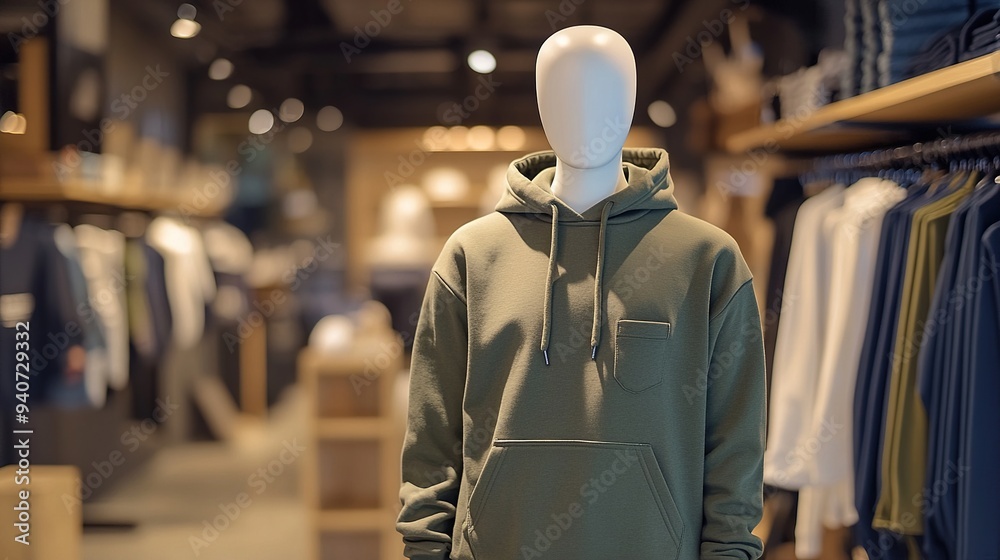 Mannequin with green hoodie in a boutique clothing store, close-up Mannequin with green hoodie in a boutique clothing store, close-up