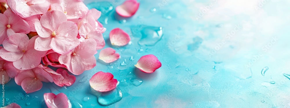 A collection of pink blossoms atop a blue-and-white backdrop, featuring water droplets on their petals