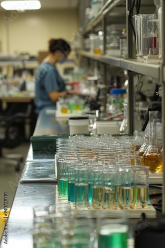 A team works on developing new pharmaceuticals, surrounded by test tubes, beakers, and electronic instruments The lab, Generative AI