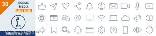 Social Media line icon set. Set of 30 outline icons related to sharing, message, bubble, user, commands and buttons symbols. Linear icon collection. Social Media outline icons collection.