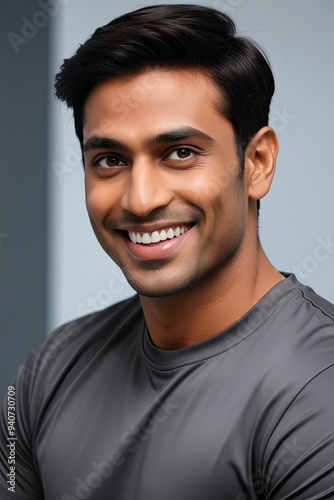 Portrait of handsome good looking indian male model wearing gray t-shirt mockup