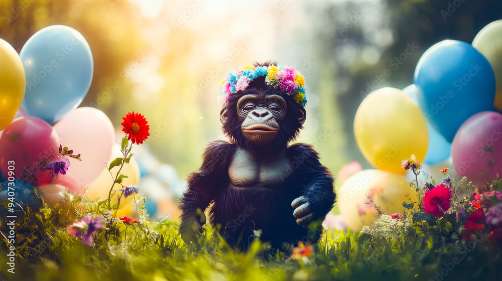 Fototapeta premium King Kong is in a flower garden and a bunch of balloons are floating in the air.