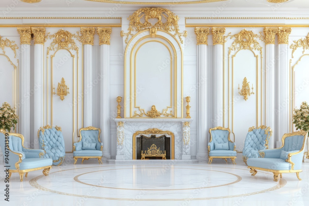 A grand palace reception room showcasing velvet seating, a marble fireplace, and golden details A grand palace reception room showcasing velvet seating, a marble fireplace, and golden details