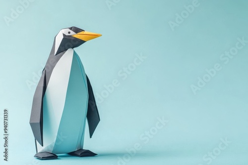 Origami art of portrait of a penguin on solid icy blue background, origami craft for kids, paper art, copy space, cold climate origami, animal design  photo