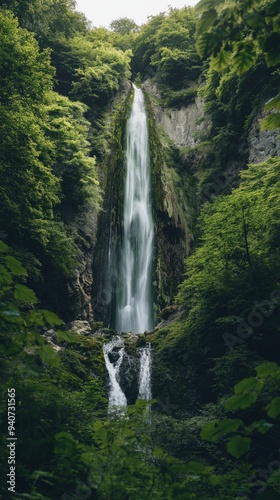 Majestic waterfall cascading in lush green forest