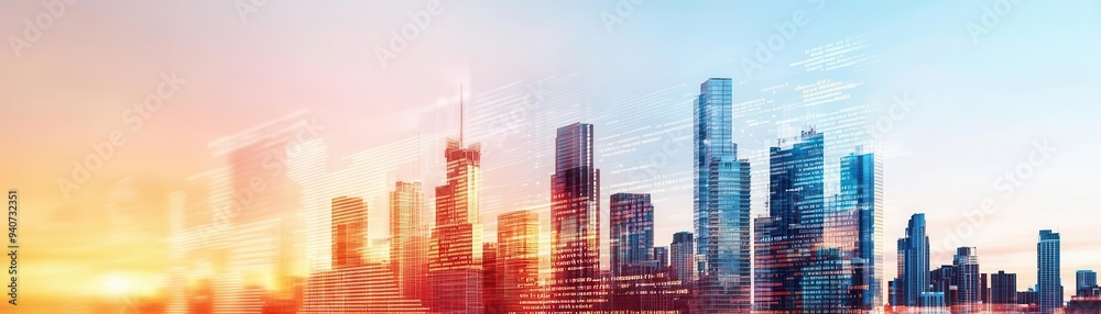 Panoramic view of a modern city skyline with skyscrapers and vibrant colors blending into the sunset, symbolizing urban development and innovation. Panoramic view of a modern city skyline with skyscrapers and vibrant colors blending into the sunset, symbolizing urban development and innovation.