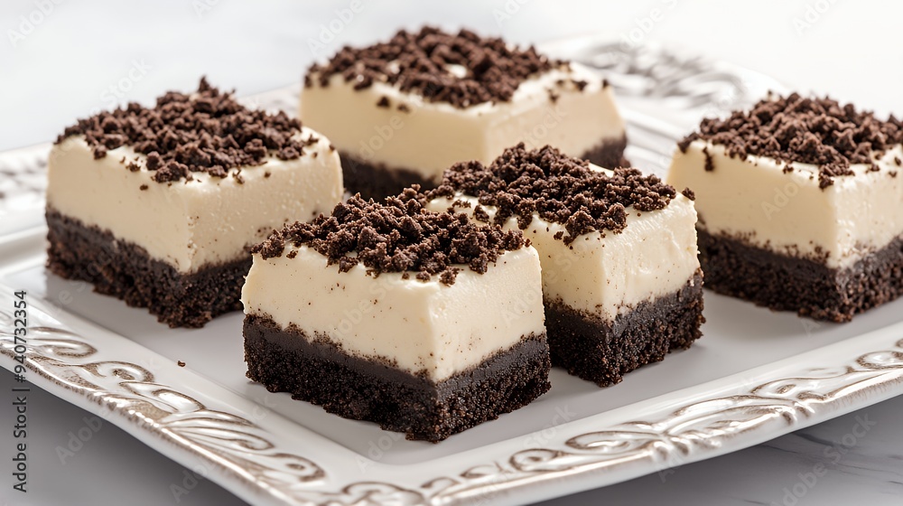A platter of layered dessert squares with a chocolate crust and creamy topping. A platter of layered dessert squares with a chocolate crust and creamy topping.