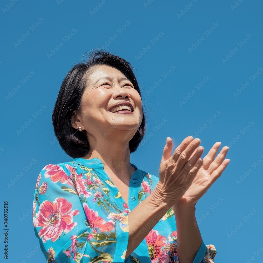 Middle-aged Asian woman in a floral blouse, clapping joyfully against a bright sky blue background. Middle-aged Asian woman in a floral blouse, clapping joyfully against a bright sky blue background.