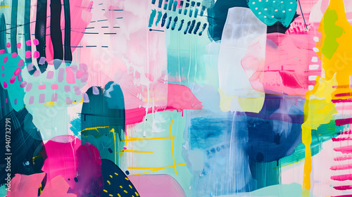 Beautiful abstract painting with vivid colors and simple shades. Pink, mint green, and yellow bright, colorful maximalist wall art design