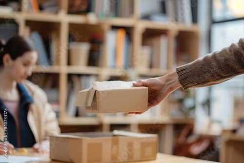 close up of hands holding parcel box and giving it to customer photo