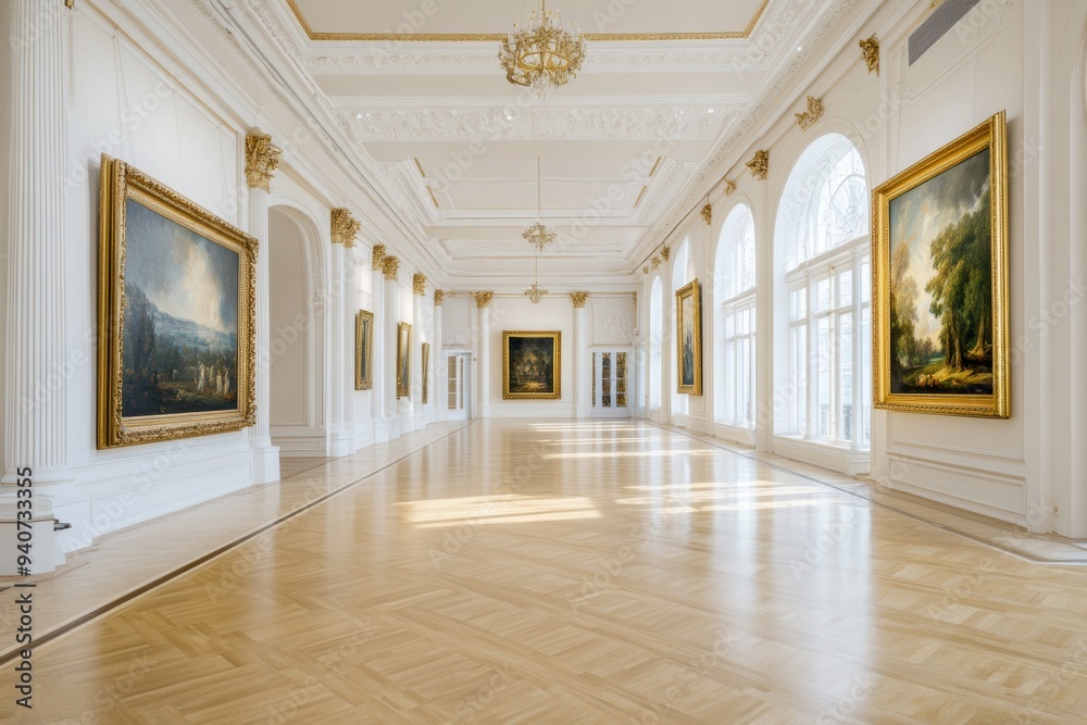 Obraz premium A luxurious palace gallery adorned with classical paintings in golden frames and rich tapestries