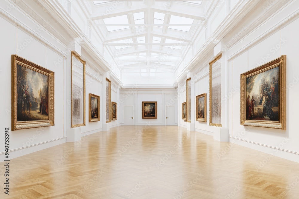 Obraz premium A luxurious palace gallery adorned with classical paintings in golden frames and rich tapestries