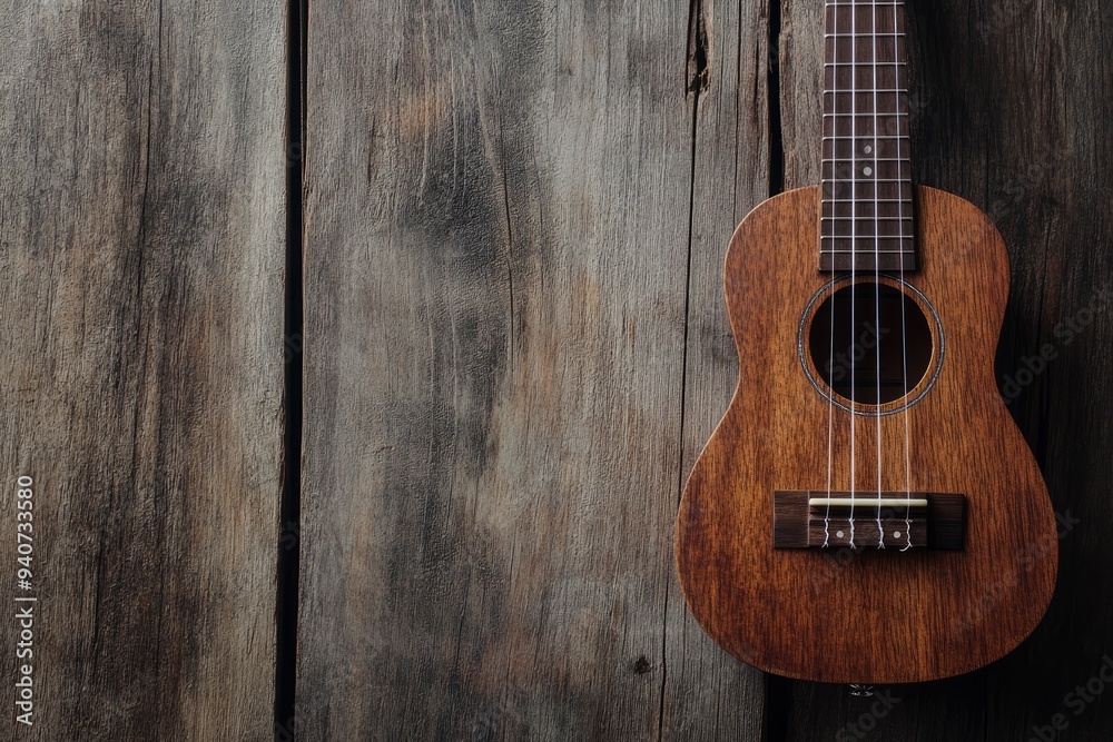Close up of ukulele on old wooden background, Dark tone , ai Close up of ukulele on old wooden background, Dark tone , ai