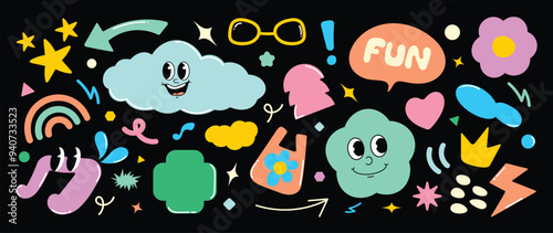 Set of funky groovy element vector. Collection of cartoon characters, cute doodle dawn, sparkle, cloud, crown, flower, thunderbolt. Retro hippie design for decorative, sticker, toys and kids.