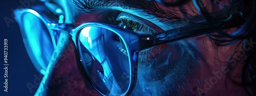 Close-up of the eye with glasses and blue light. 3d. Eye strain. photo