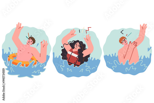 Drowning people call for help and wave hands in anticipation of rescuers after shipwreck
