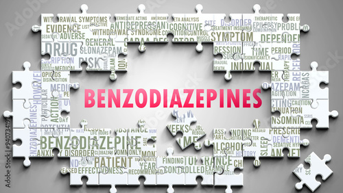 Benzodiazepines as a complex subject, related to important topics. Pictured as a puzzle and a word cloud made of most important ideas and phrases related to benzodiazepines. ,3d illustration