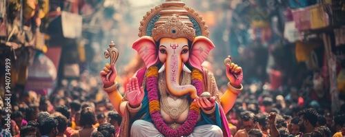 Ganesh Chaturthi festival, large colorful statue of Lord Ganesh among crowds of people praying and celebrating Illustration for banner design poster greeting card print