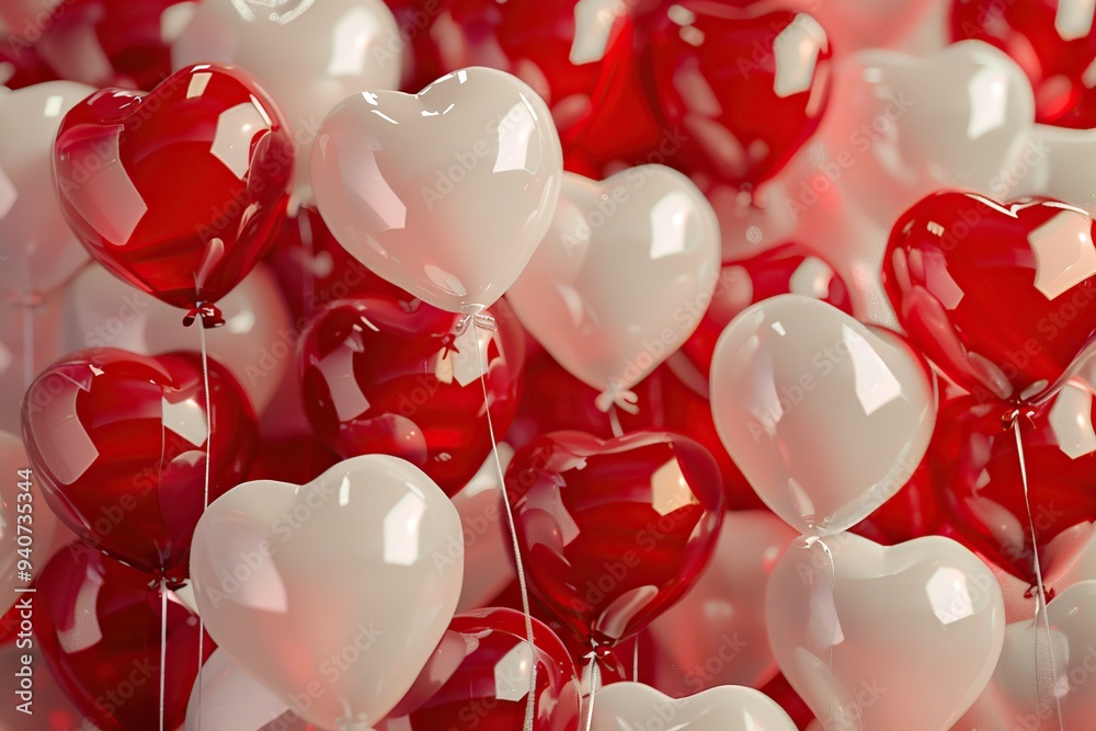 Red and white heart-shaped balloons for Valentine's Day. 3D. Red and white heart-shaped balloons for Valentine's Day. 3D.