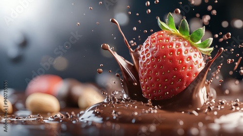 Strawberry splashing into rich chocolate, with high-detail droplets captured.